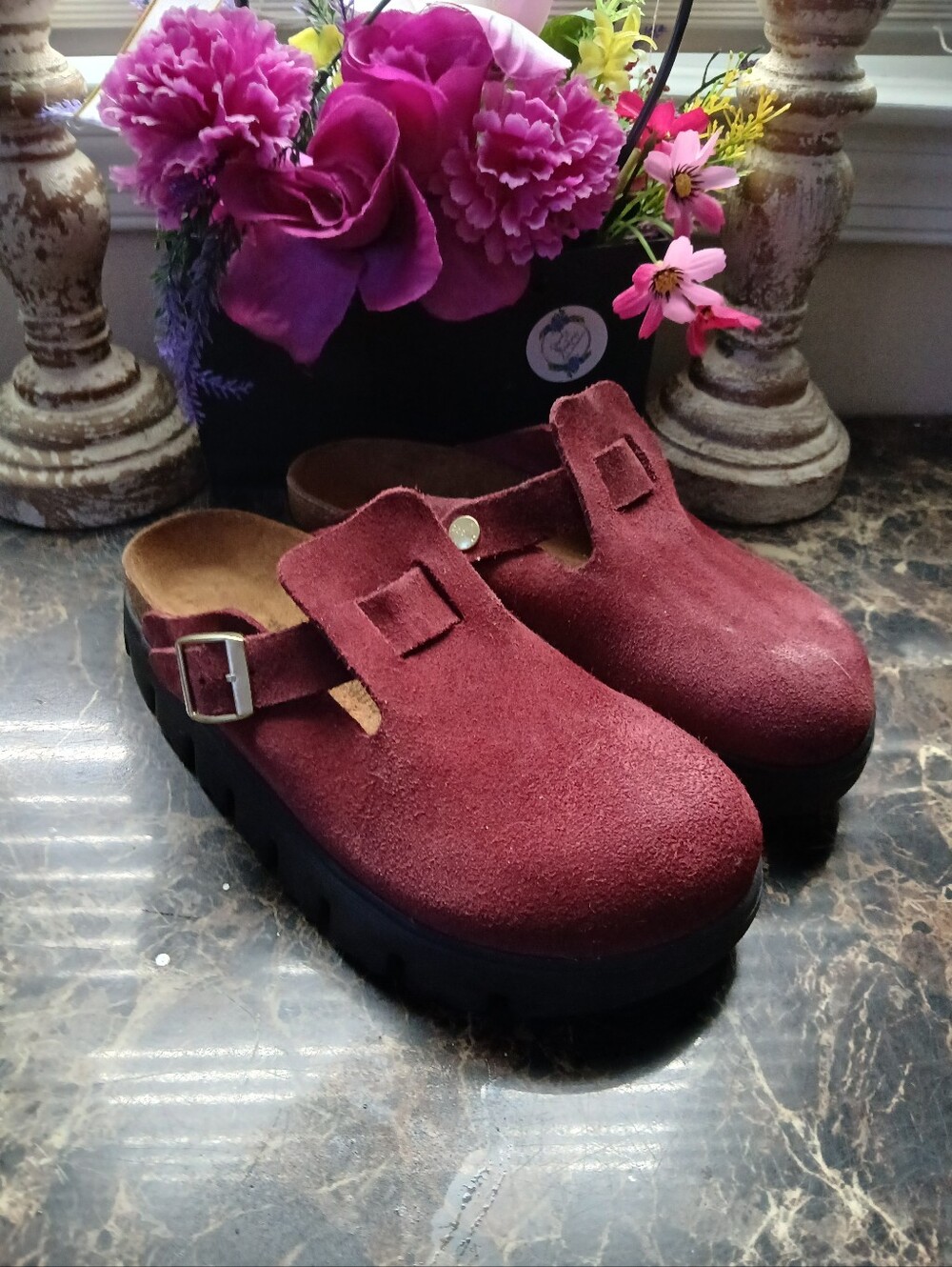 Papillio Birkenstock Women's Burgundy Suede Clog Sandals